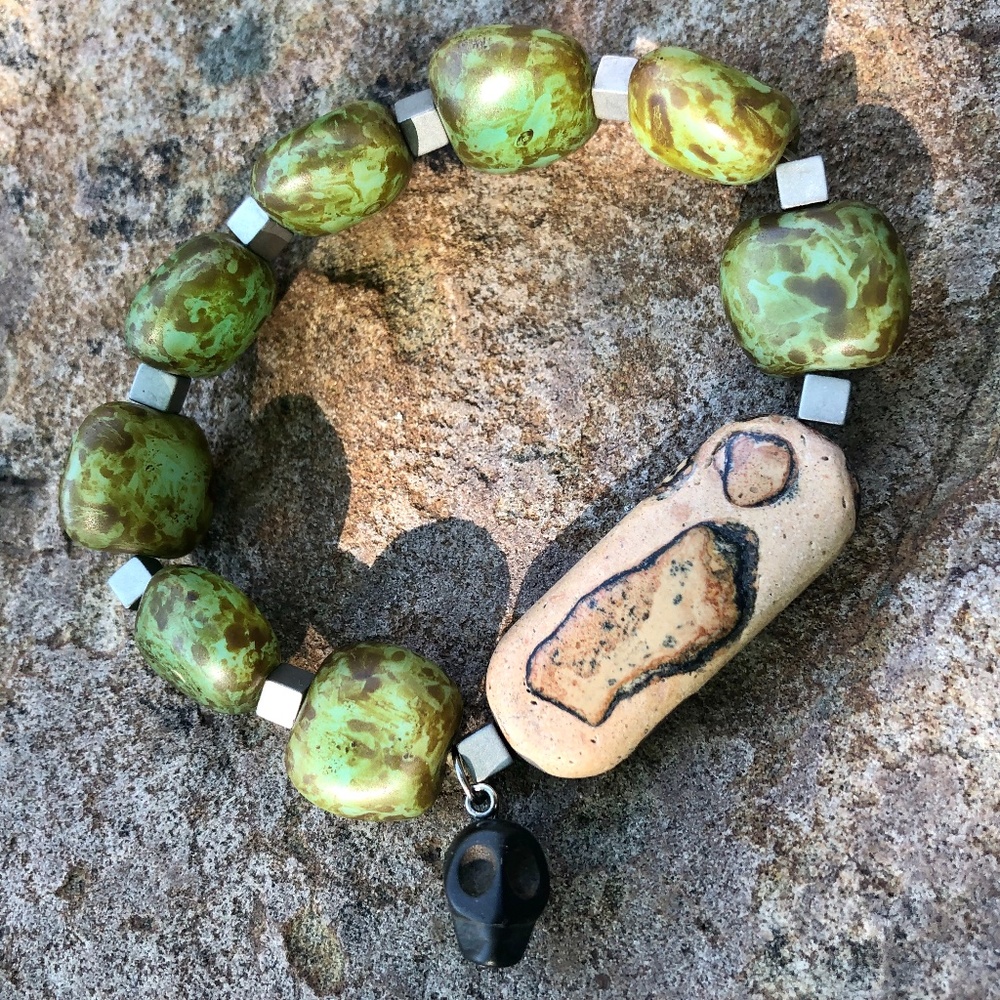 Scull Charm Beaded Bracelet with Ceramic Fired jade colored Beads and Jasper